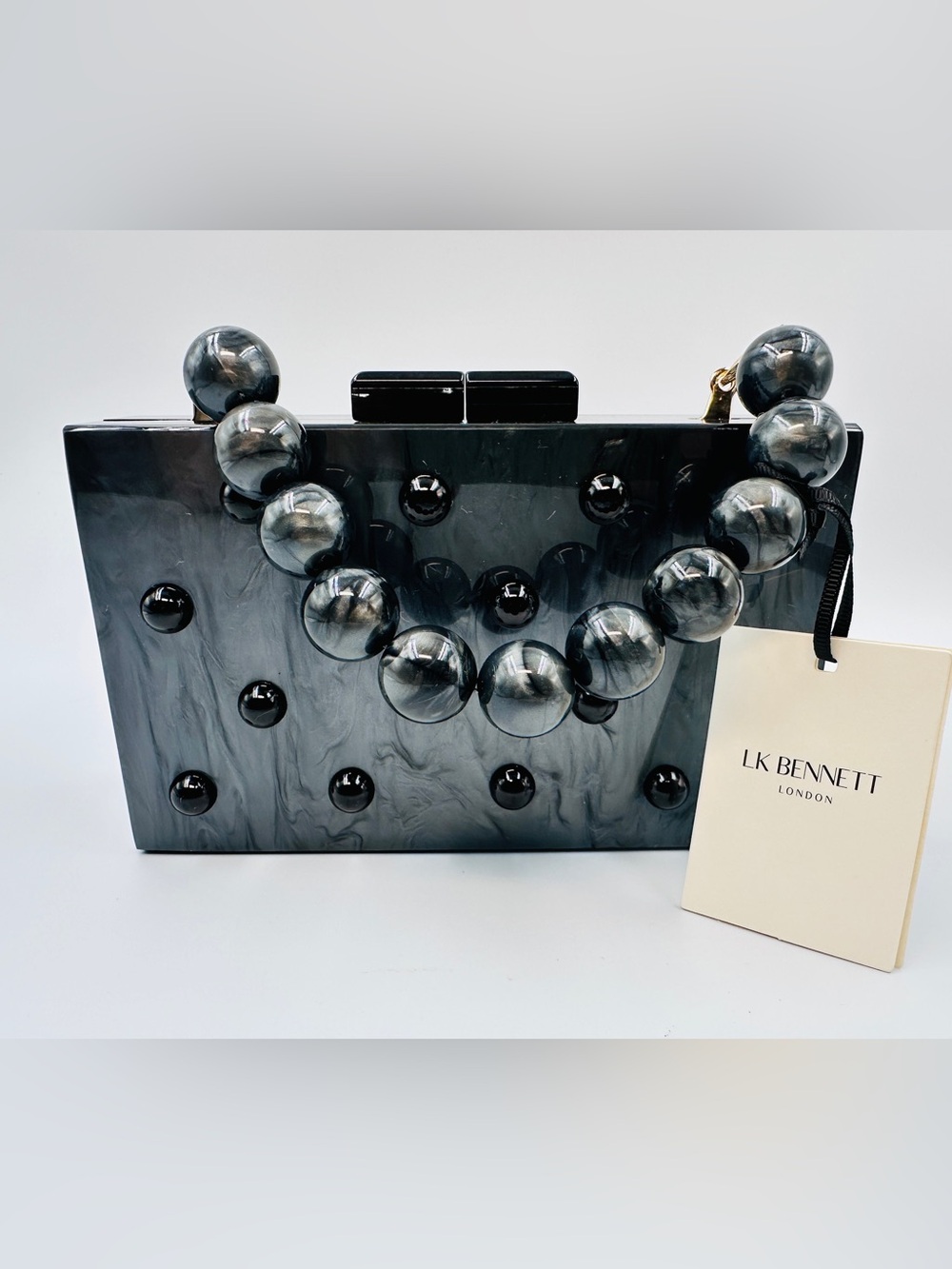 LK Bennett London Chic Black/Gray Marbled Black Pearl Clutch with Bead Handle